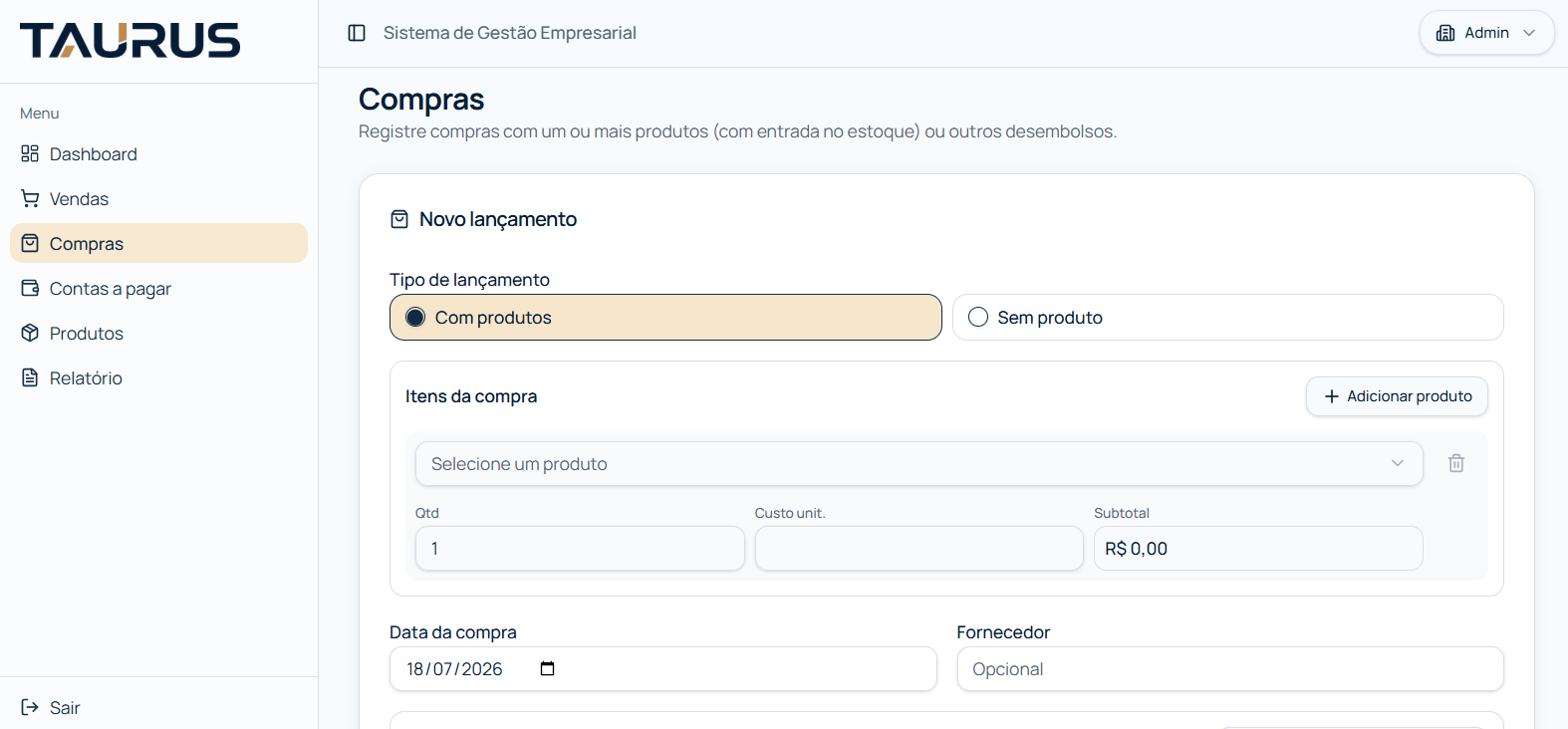 Tela de nova compra com entrada de estoque