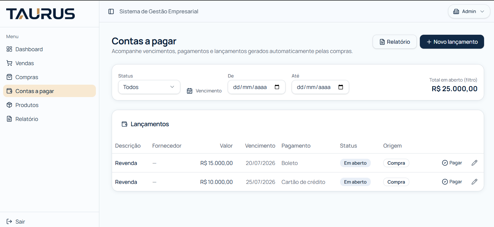Contas a pagar com filtros e status