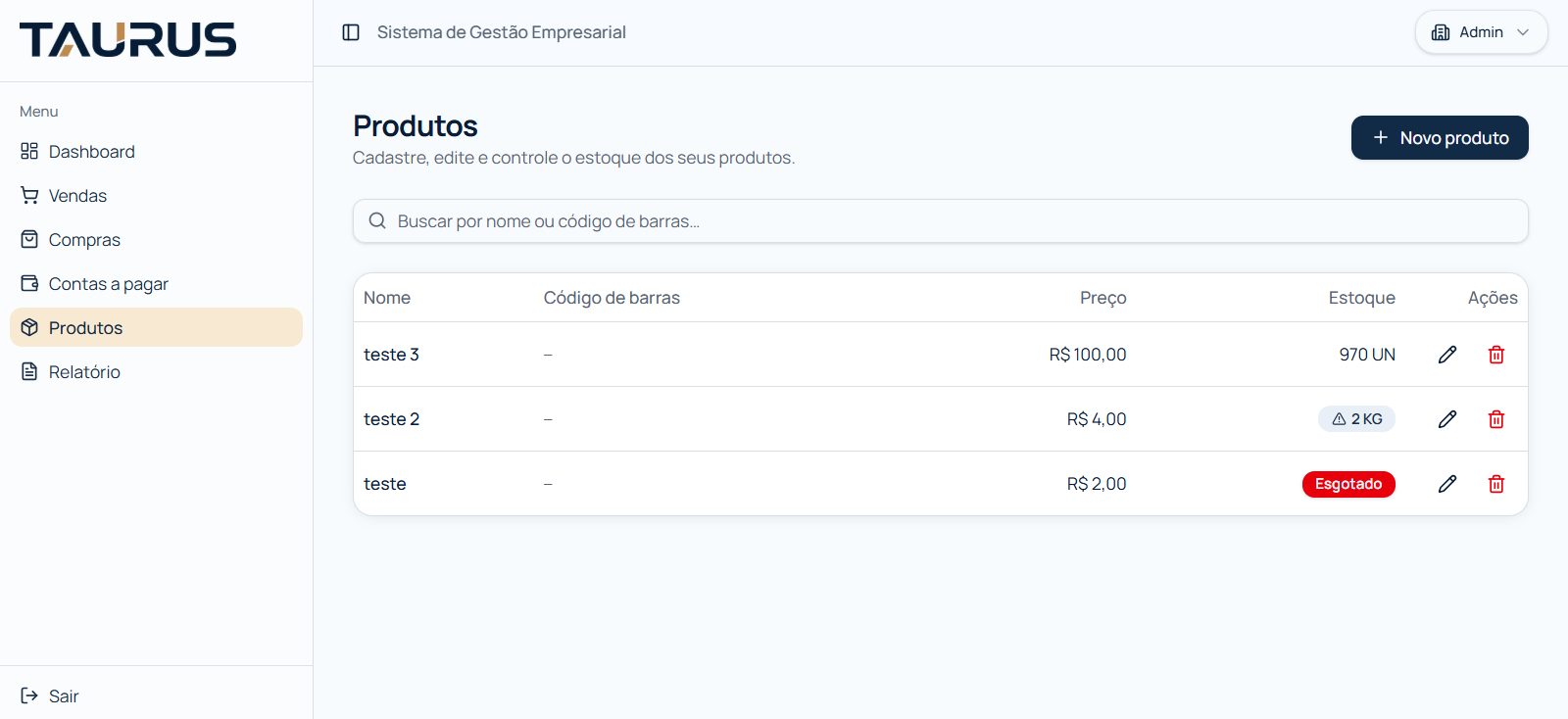 Listagem de produtos com estoque